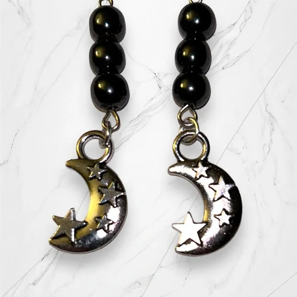 Hand Crafted Earrings Hematite Moon & Star Dangle Pierced Silver Gray Grey - Picture 1 of 9